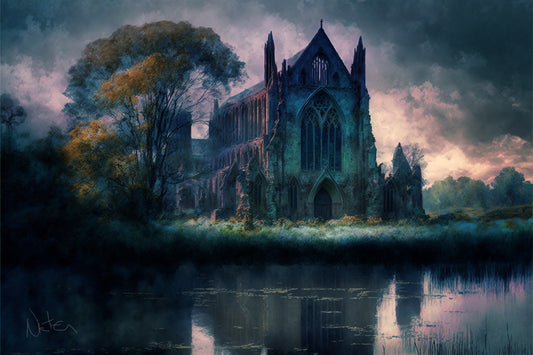 Gothic church by the lake landscape