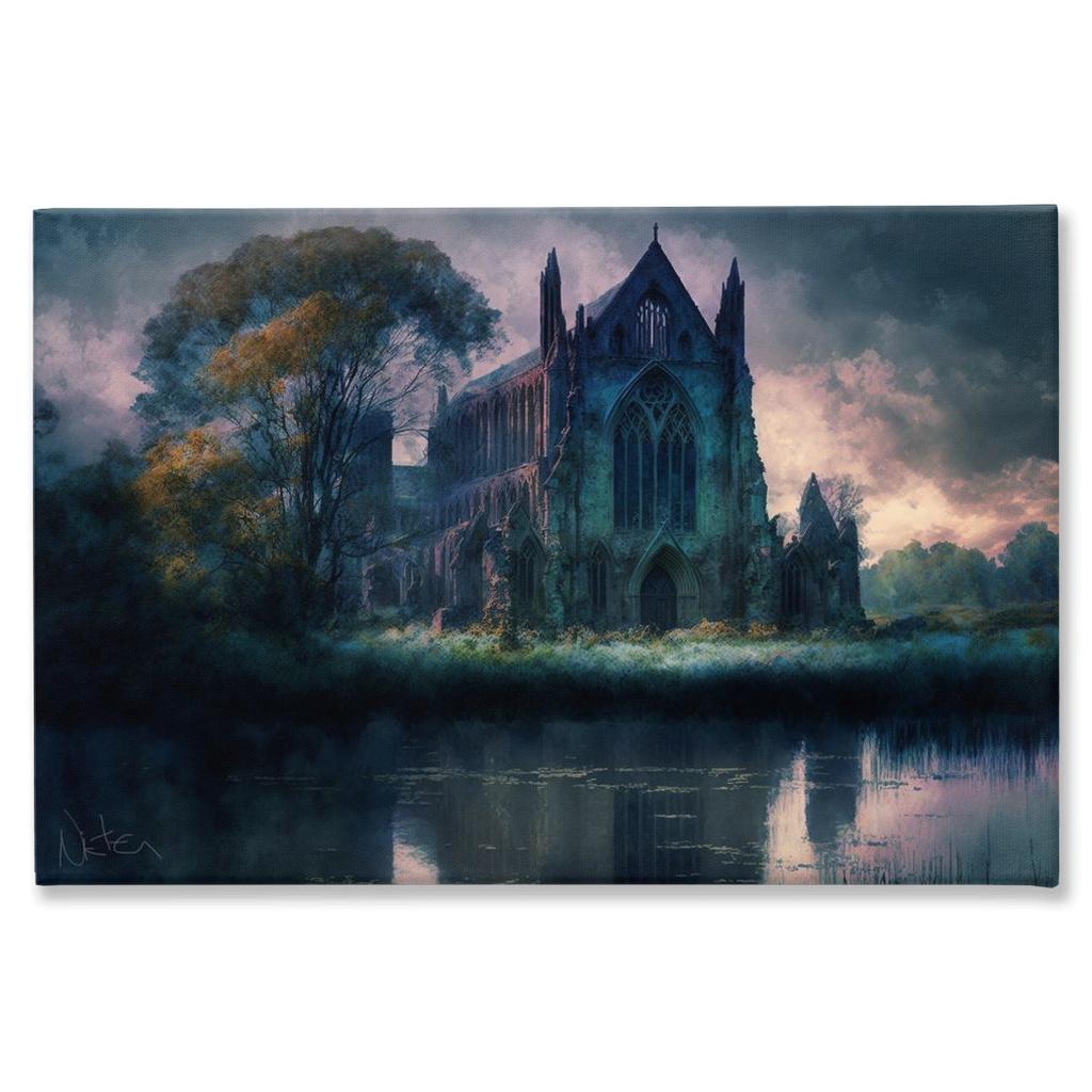 Gothic church by the lake landscape