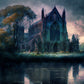 Gothic church by the lake landscape