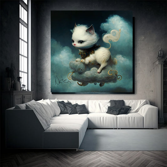 Cat floating on a cloud