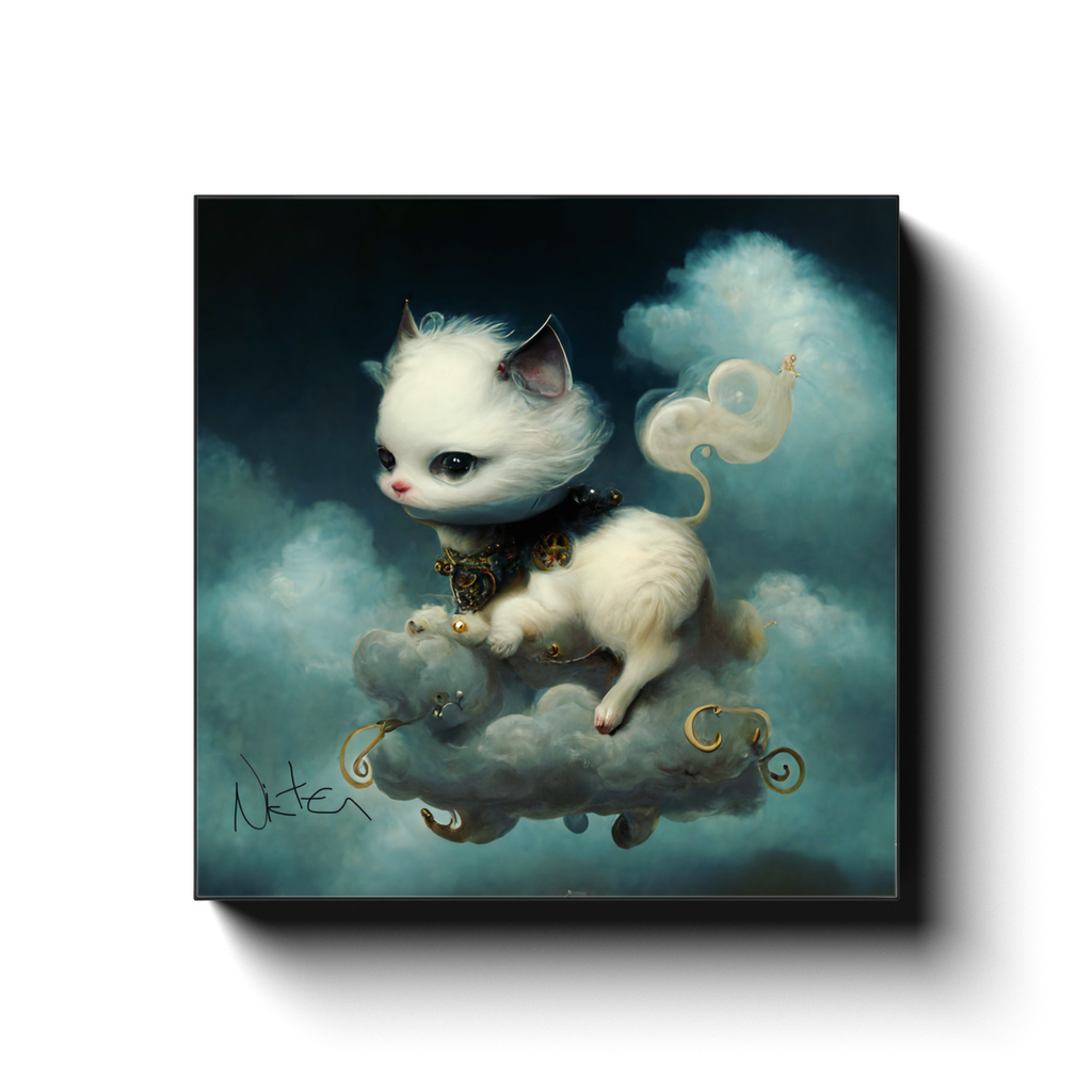 Cat floating on a cloud